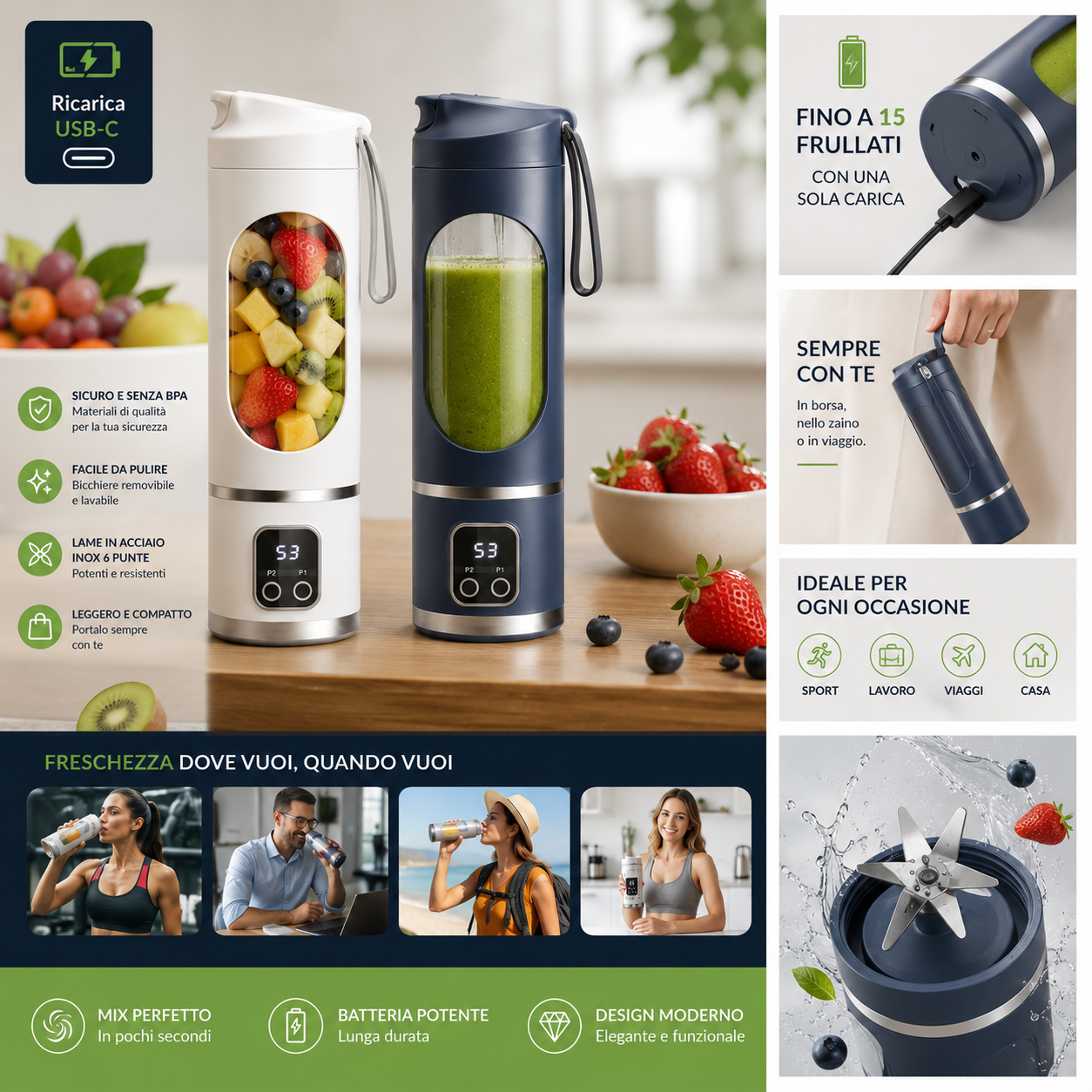 Frullatore elettrico portatile con batteria ricaricabile USB