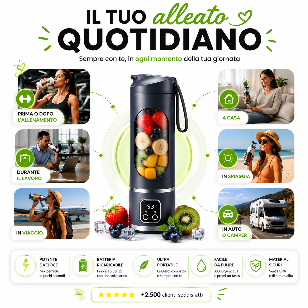 Frullatore elettrico portatile con batteria ricaricabile USB