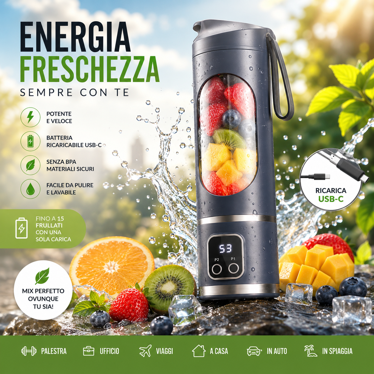 Frullatore elettrico portatile con batteria ricaricabile USB